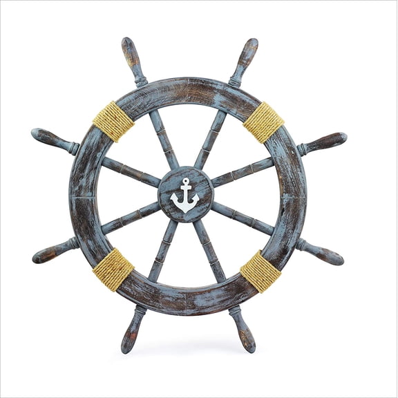 Nagina International Rustic Grey Nautical Vintage Themed Classic Wooden Ship Wheel With Anchor & Ropes | Ocean Beach House Home Decor (42 Inches)
