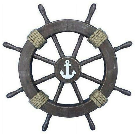 Nagina International Rustic Wood Finish Decorative Ships Wheel With Anchor - Home Decor - Pirate Nursery Gift (36 Inches)