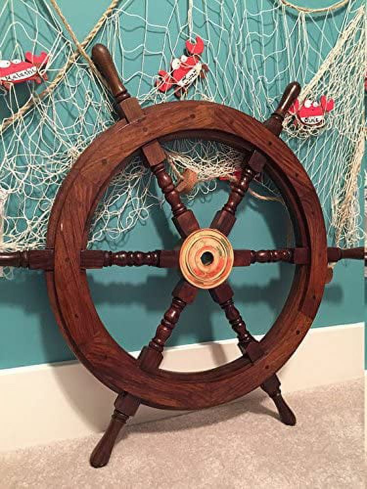 Nautical 30" Dark Brown Wooden Ship Wheel with Brass Accent