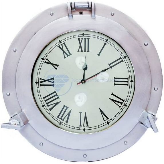 Nagina International Silver Deco Powder Coated Premium Nautical Aluminum Pirate's Ship's Porthole Clock Mirror & Window | Exclusive Wall Decor Accent (15 Inches, Clock)