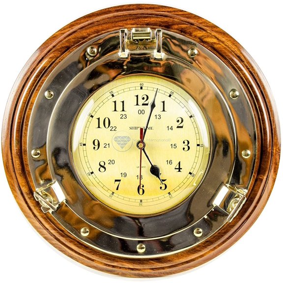 Nagina International Solid Brass Nautical Porthole Time's Wall Clock On Exclusive Selected Rosewood Base | Premier Elite Wall Decor Gifts & Accessories (18 Inches)