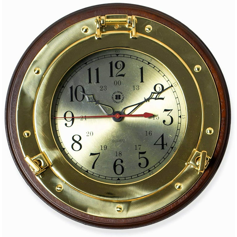 Nagina International Wall Clocks - Brass Porthole Wall Clock On Wood Base -  Nautical Decor 