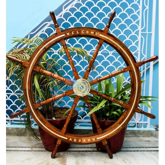 Nagina International Welcome Board Embedded Premium Nautical Handcrafted Ship's Wheel With Solid Brass Ring Inlaid | Premium Wall Decor Gifts (48 Inches)