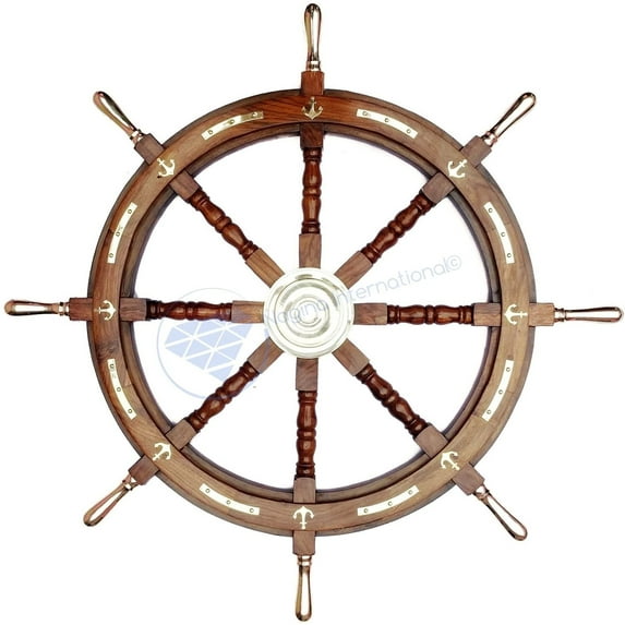 Nagina International Wood Hand Crafted Anchor Brass Accent Ship Wheel | Maritime Gift Decor (42 Inches)