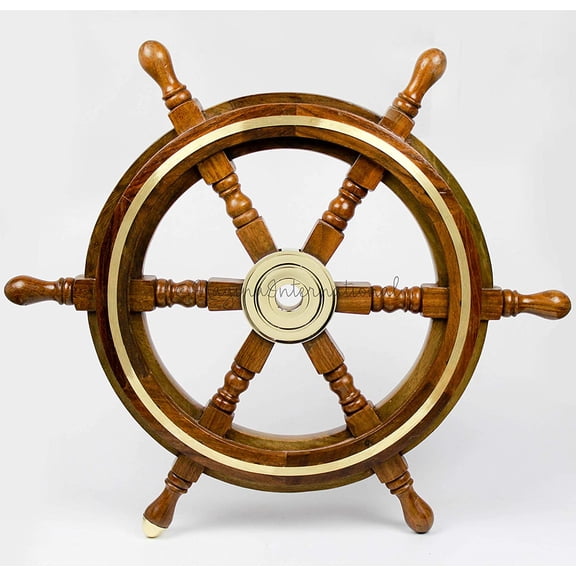 Nagina International Wooden Nautical Captain's Steering Ship Wheel With Brass Ring & Hub - Pirate Home Ocean Beach Decor Gift - Nursery Wall Hangings (24 Inches)