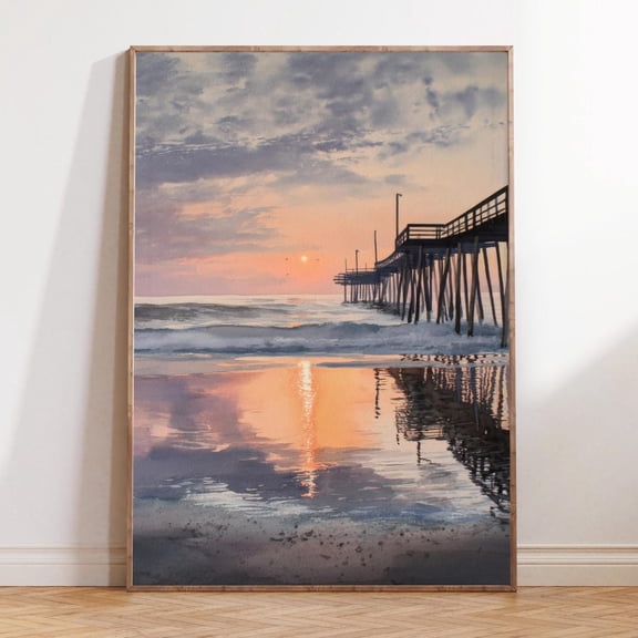 Nags Head North Carolina Coastal Sunrise Beach Pier Art, Unframed Paper Print Size 8x12