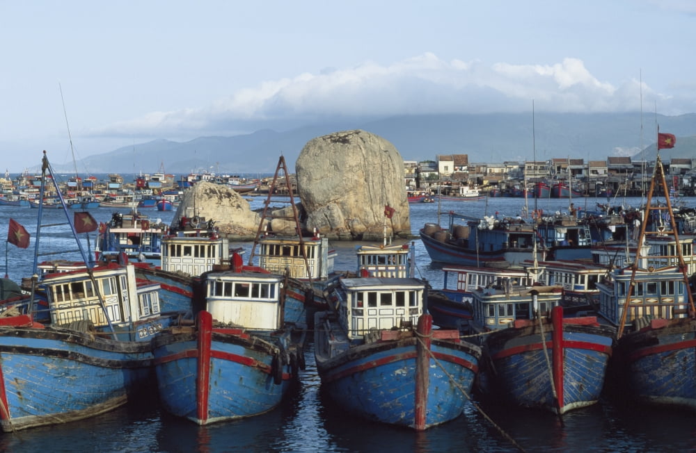 Nah Trang blue fishing boats Vietnam Canvas Art - Peter Rayner Design Pics (19 x 12)