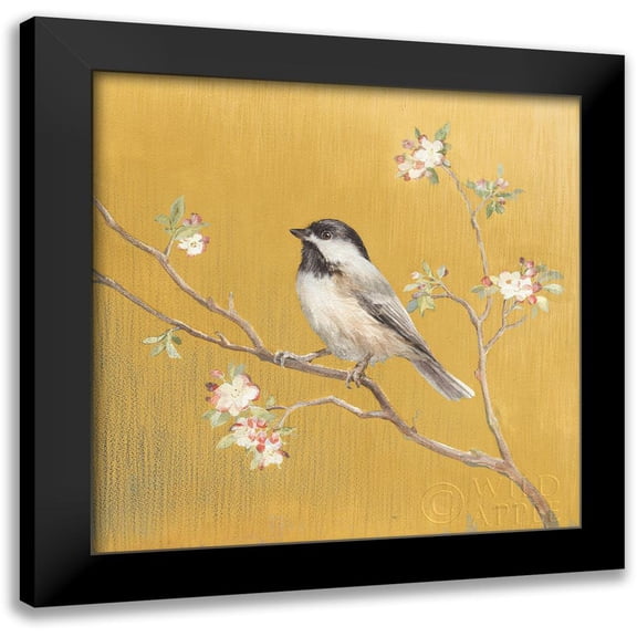 Nai, Danhui 12x12 Black Modern Framed Museum Art Print Titled - Black Capped Chickadee on Gold