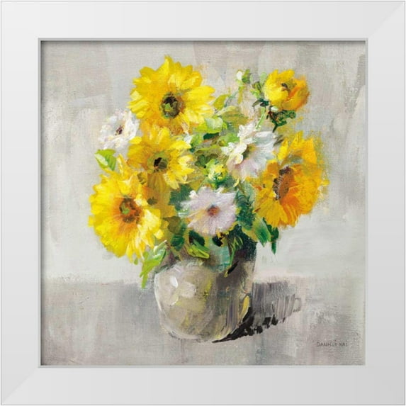 Nai, Danhui 12x12 White Modern Wood Framed Museum Art Print Titled - Sunflower Still Life I on Gray