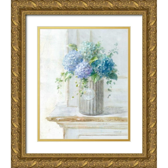 Nai, Danhui 12x14 Gold Ornate Wood Framed with Double Matting Museum Art Print Titled - Morning Hydrangeas I