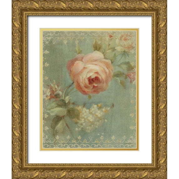 Nai, Danhui 12x14 Gold Ornate Wood Framed with Double Matting Museum Art Print Titled - Rose on Sage