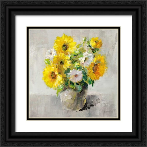 Nai, Danhui 15x15 Black Ornate Wood Framed with Double Matting Museum Art Print Titled - Sunflower Still Life I on Gray