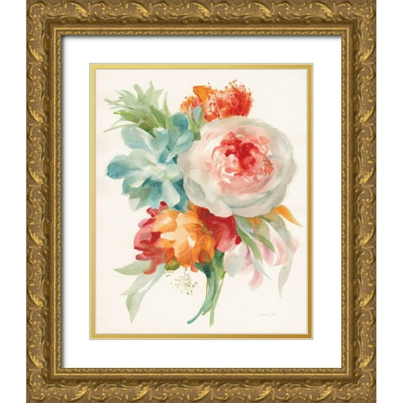 Nai, Danhui 15x18 Gold Ornate Wood Framed with Double Matting Museum Art Print Titled - Garden Bouquet I Orange Red