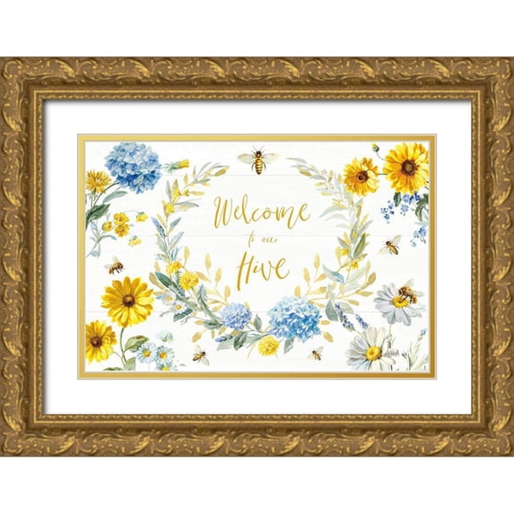 Nai, Danhui 18x13 Gold Ornate Wood Framed with Double Matting Museum Art Print Titled - Bees and Blooms Flowers I
