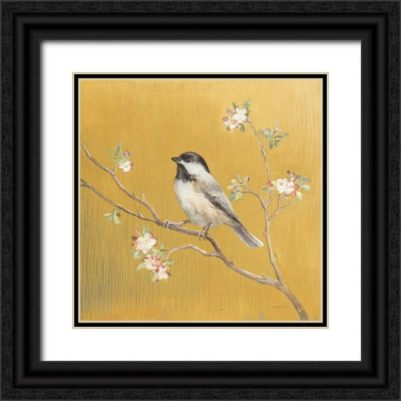 Nai, Danhui 20x20 Black Ornate Wood Framed with Double Matting Museum Art Print Titled - Black Capped Chickadee on Gold