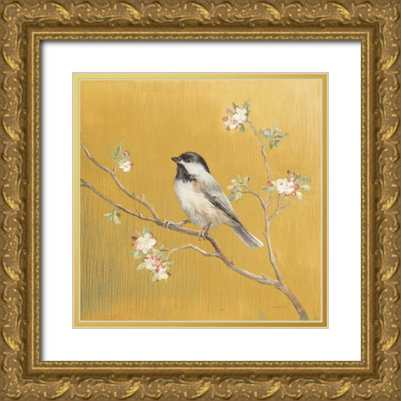 Nai, Danhui 20x20 Gold Ornate Wood Framed with Double Matting Museum Art Print Titled - Black Capped Chickadee on Gold