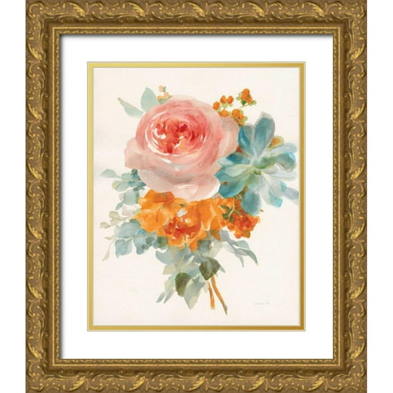 Nai, Danhui 26x31 Gold Ornate Wood Framed with Double Matting Museum Art Print Titled - Garden Bouquet II Orange Red