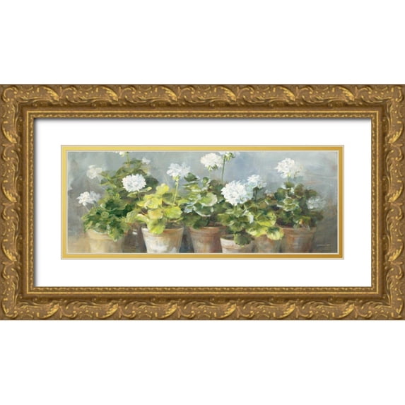 Nai, Danhui 32x15 Gold Ornate Wood Framed with Double Matting Museum Art Print Titled - White Geraniums v2