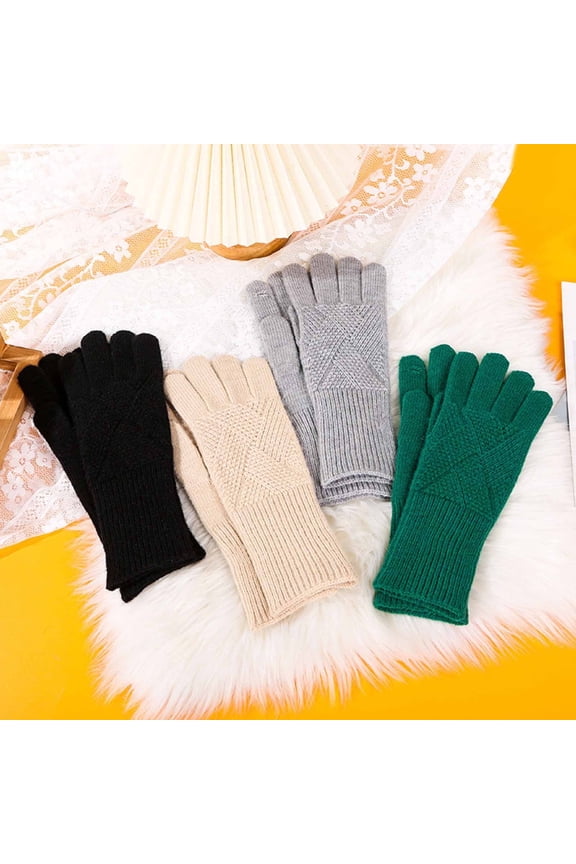 1 Pair Autumn Winter Women Lengthened Mittens Solid Color Jacquard Knit Split Full Finger Warm Gloves Cycling Driving Gloves for Winter Green