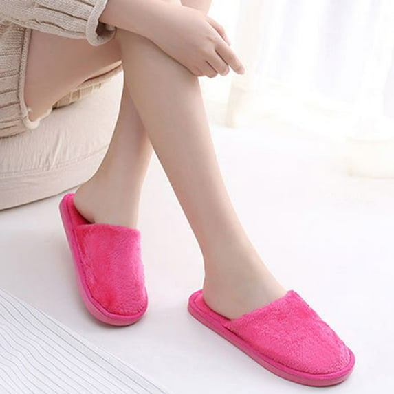 Naierhg 1 Pair Candy Color Anti-skid Soft Outsole Round Toe Plush Slippers Women Winter Slip-on Fluffy Flat House Shoes for Home Green