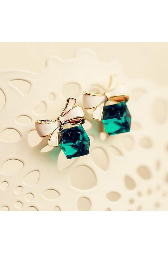 1 Pair Faux Crystal Bowknot Cube Ear Stud Earring Jewelry Accessory for Party