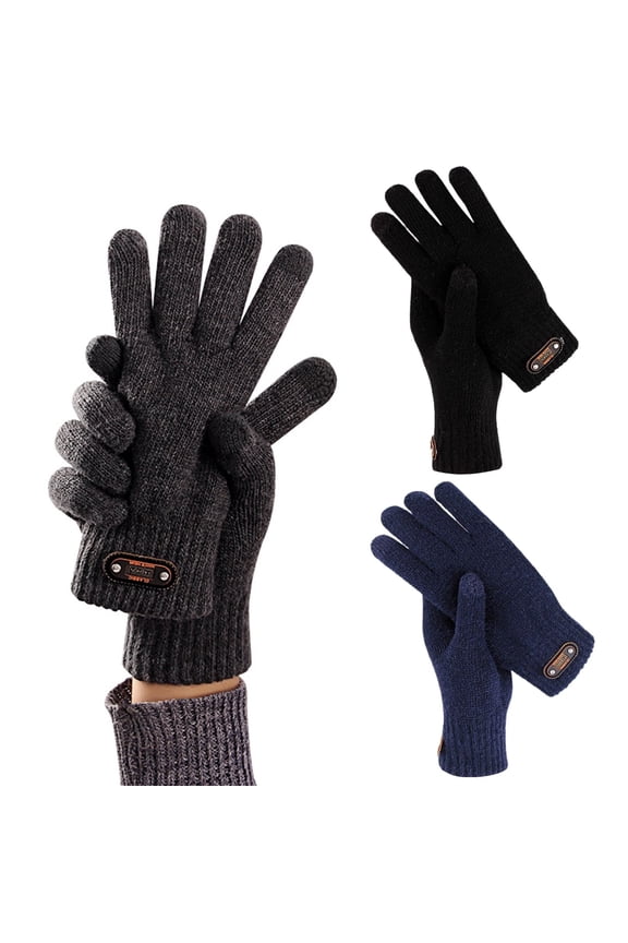 1 Pair Faux Leather Logo 3D Jacquard Ribbed Cuffs Thickened Fleece Lining Gloves Autumn Winter Black