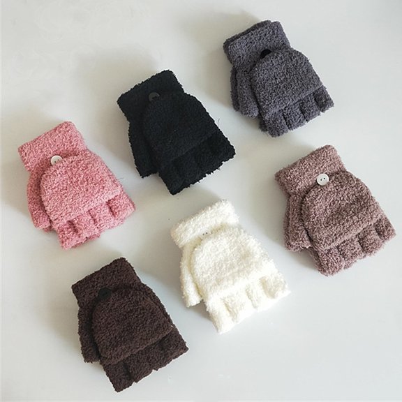 Naierhg 1 Pair Gloves Half Finger Flip Fuzzy Solid Color Stretchy Keep Warm Super Soft Autumn Winter Lady Writing Gloves Grey