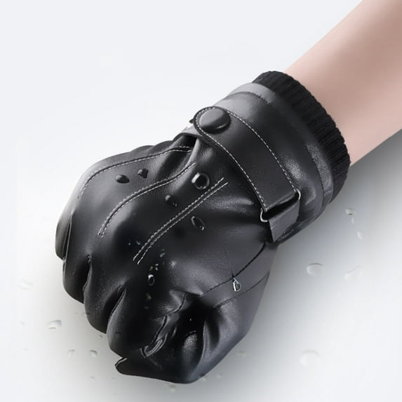 Naierhg 1 Pair Gloves Windproof Full Finger Plush Lining Faux Leather Waterproof Anti Skid Gloves Black