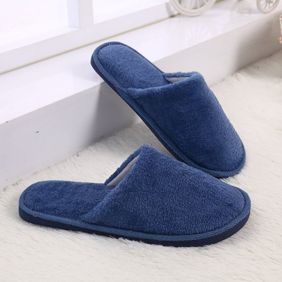 Naierhg 1 Pair Home Slippers Plush Solid Color Slip-on Soft Soles Coldproof Autumn Winter Flat Heel Anti Skid Couple Slippers Floor Footwear for Home Navy Blue