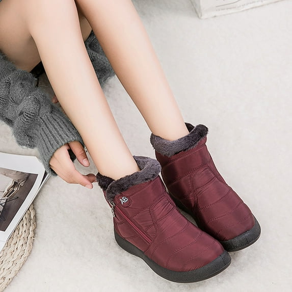 Naierhg 1 Pair Snow Boots Non-slip Plush Lined Zipper Embroidery Letters Waterproof Flat Sole Winter Warm Women Ankle Shoes Streetwear for Home Red