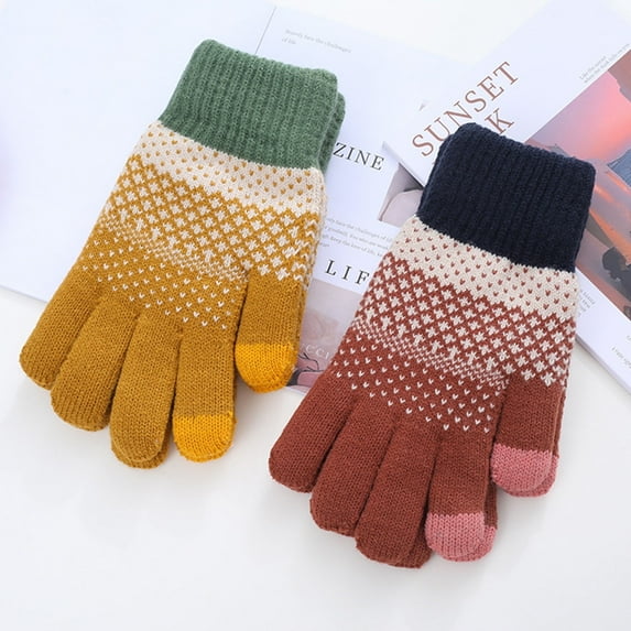 Naierhg 1 Pair Thickened Warm Full Fingers Ribbed Cuffs Women Gloves Winter Striped Splicing Double Layer Fleece Lining Knitting Gloves Yellow