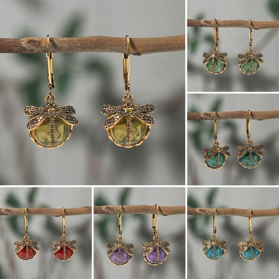 Naierhg 1 Pair Women Dragonfly Decor Leverback Earrings Faux Crystal Drop Earrings Bohemia Dangle Earrings Jewelry Gift