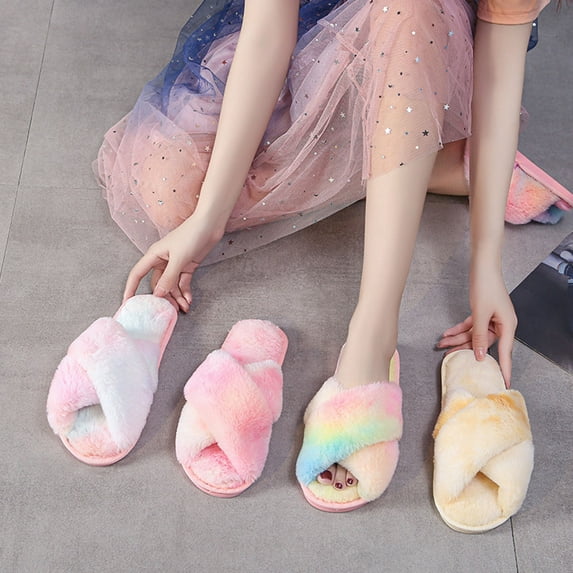 Naierhg 1 Pair Women Slippers Colorful Plush Non-slip Deodorant Anti Skid Keep Warm Winter Cross Fluffy Slippers for Indoor for Home Dark Pink