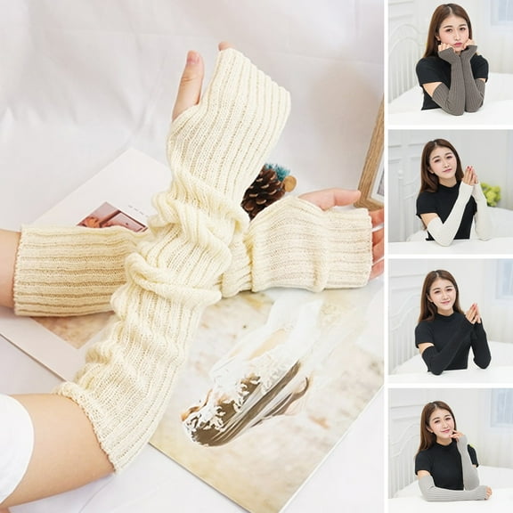 Naierhg 1 Pair Women Winter Gloves Knitted Over Elbow Length High Elasticity Solid Color Anti-slip Half Finger Arm Wraps Arm Warmers for Winter Coffee