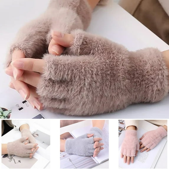 Naierhg 1 Pair Women Winter Half-finger Gloves Faux Fur Thickened Cold Resistant Soft Elastic Warm Knitted Solid Color Five Finger Students Writing Gloves for Winter Pink