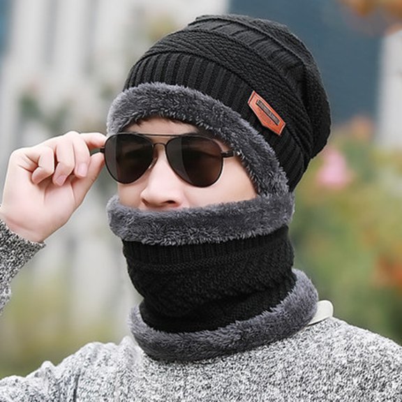 Naierhg 1 Set Men Winter Hat Scarf Gloves Set Thick Knitted Soft Warm Elastic Colorful Ear Five Fingers Windproof Winter Outdoor Cycling Cap Neck Warp Gloves Set for Winter Black