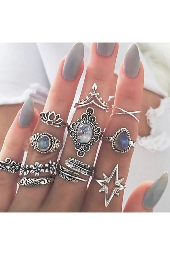 11Pcs Women Retro Hollow Rhinestone Knuckle Midi Finger Tip Stacking Joint Ring