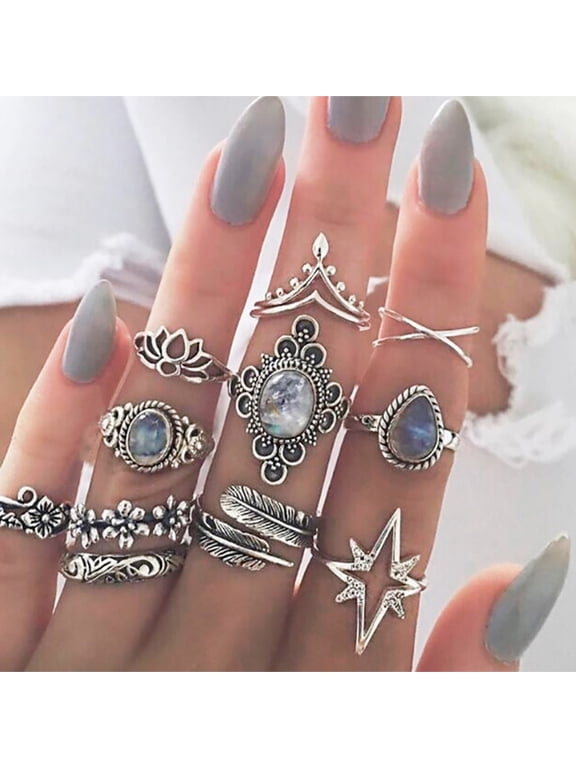 11Pcs Women Retro Hollow Rhinestone Knuckle Midi Finger Tip Stacking Joint Ring