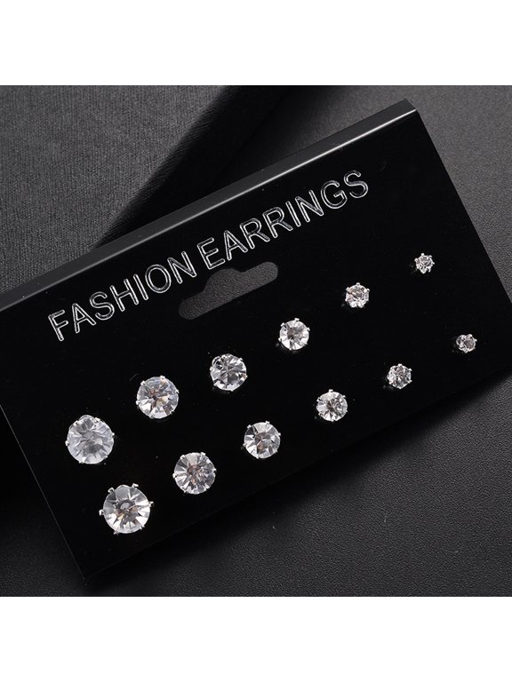 12/6 Pairs Classic Rose Shape Cubic Zirconia Stud Earrings Women Jewelry Set Black