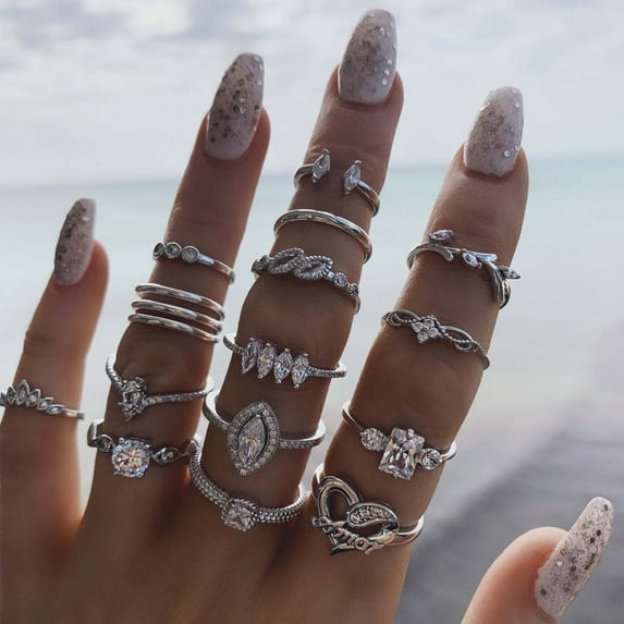 Naierhg 15Pcs/Set Finger Ring Individuality Creative Alloy Different Patterns Rhinestone Rings for Daily Life