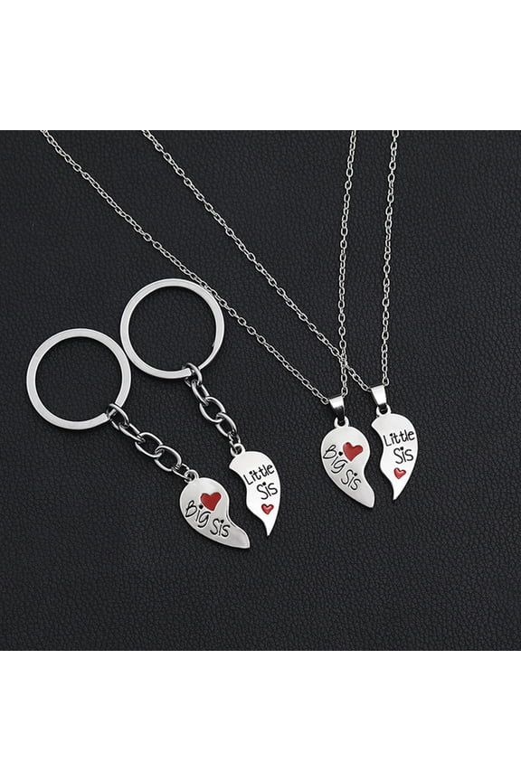2 Set Sister Necklace Heart Shape Durable Stainless Key Ring for Gift