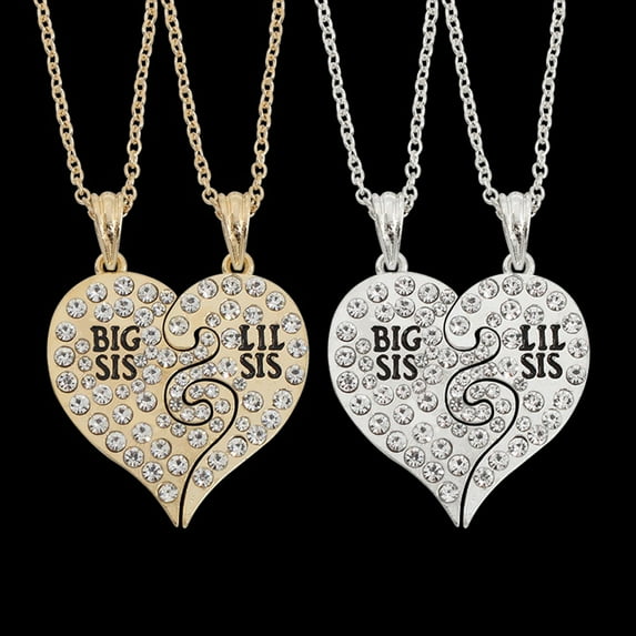 Naierhg 2Pcs Big Little Sister Letter Inlaid Rhinestone Heart Matching Necklace Jewelry Golden
