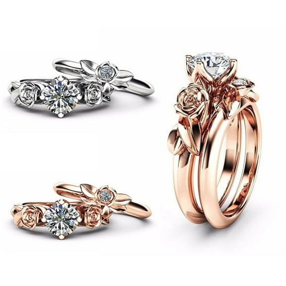 Naierhg 2Pcs Fashion Rose Flower Rings Set Rhinestone Women Party Engagement Jewelry