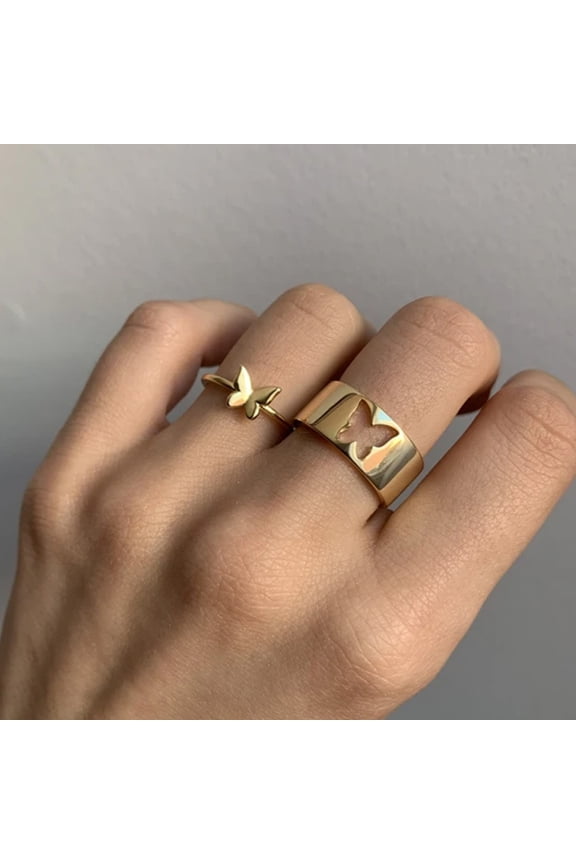 2Pcs/Set Butterfly Opening Alloy Wide Thin Hollow Couple Rings Finger Rings for Anniversary