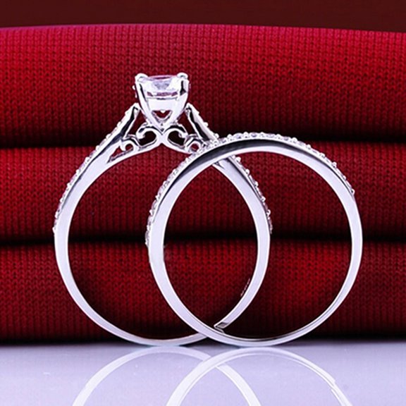 Naierhg 2Pcs/Set Ring Shiny Cubic Zirconia Plated Silver Romantic Couple Finger Ring for Wedding US 6