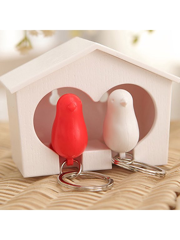 2Pcss Bird Keychain + 1Pc Sparrow Birdhouse Home Wall Mount Key Ring Holder Decor