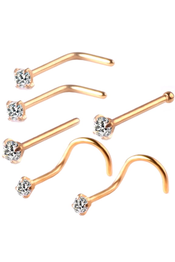 6Pcs/Set Cubic Zirconia L-Bar Curved Rod Nose Stud Body Piercing Jewelry Decor Golden