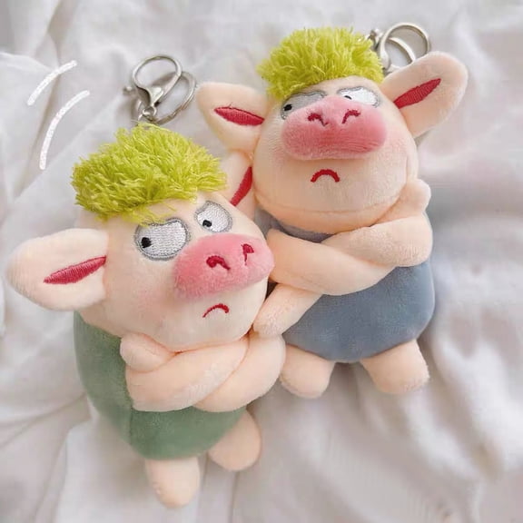 Naierhg Adorable Animal Keychain Workmanship Green Hair Plush Animal Angry Pig Doll Pendant for Decoration