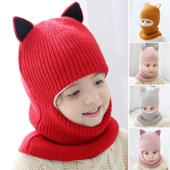 Naierhg Beanie 2-5 Years Fox Ear Decor Brimless Solid Color Eyes Exposed Baby Hat Children Autumn Winter Thickened Plush Lining Scarf Hat Costume AccessoriesLight Pink