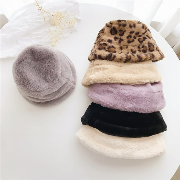 Naierhg Beanie 2-6 Years Girls Hat Furry Faux Mink Fur Leopard Solid Color Flat Top Fisherman Cap Autumn Winter Short Brim Bucket Hat for OutdoorBlack